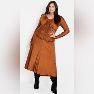 City Chic Avah Ruched Long Sleeve Dress - gingerbread Size 16